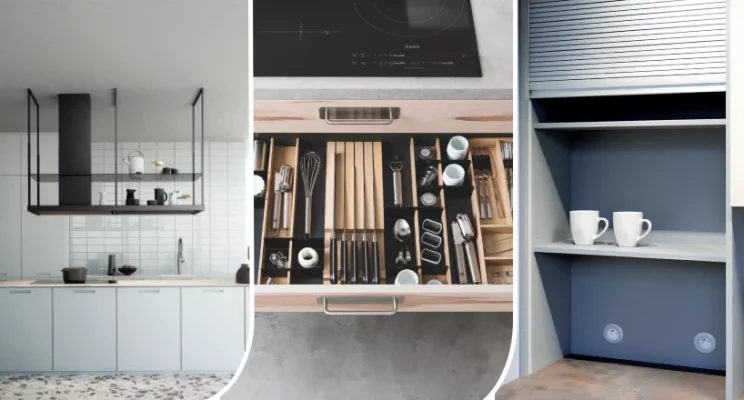 astuces de rangement cuisine : hotte ilot, organiseur de tiroir et meuble à rideau