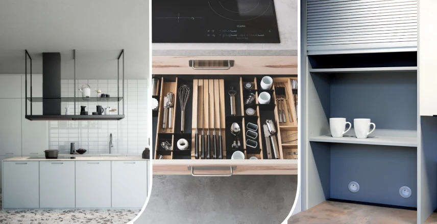 astuces de rangement cuisine : hotte ilot, organiseur de tiroir et meuble à rideau