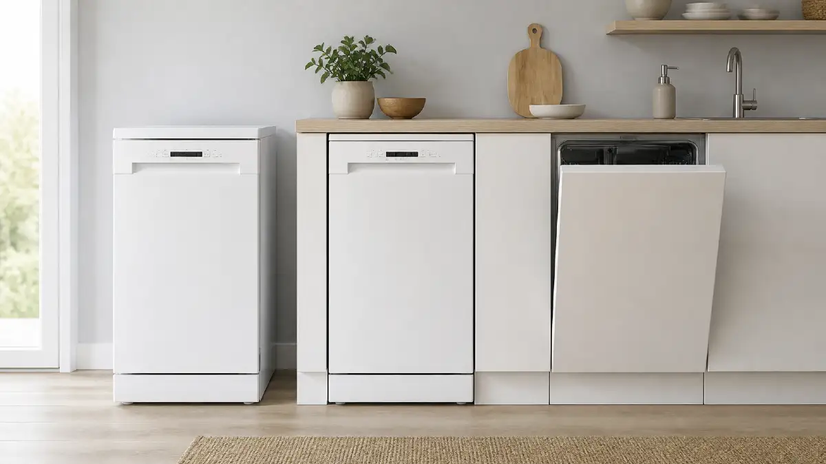 Trois lave-vaisselles de 45 cm de large côte à côte : un modèle pose libre, un modèle sous plan sans dessus et un modèle intégrable avec façade de meuble