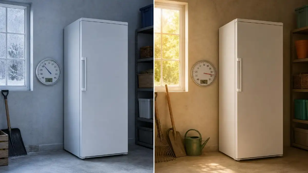 Le même congélateur armoire dans un garage, en hiver sous le gel et en été sous la chaleur, avec un thermomètre mural indiquant la température ambiante