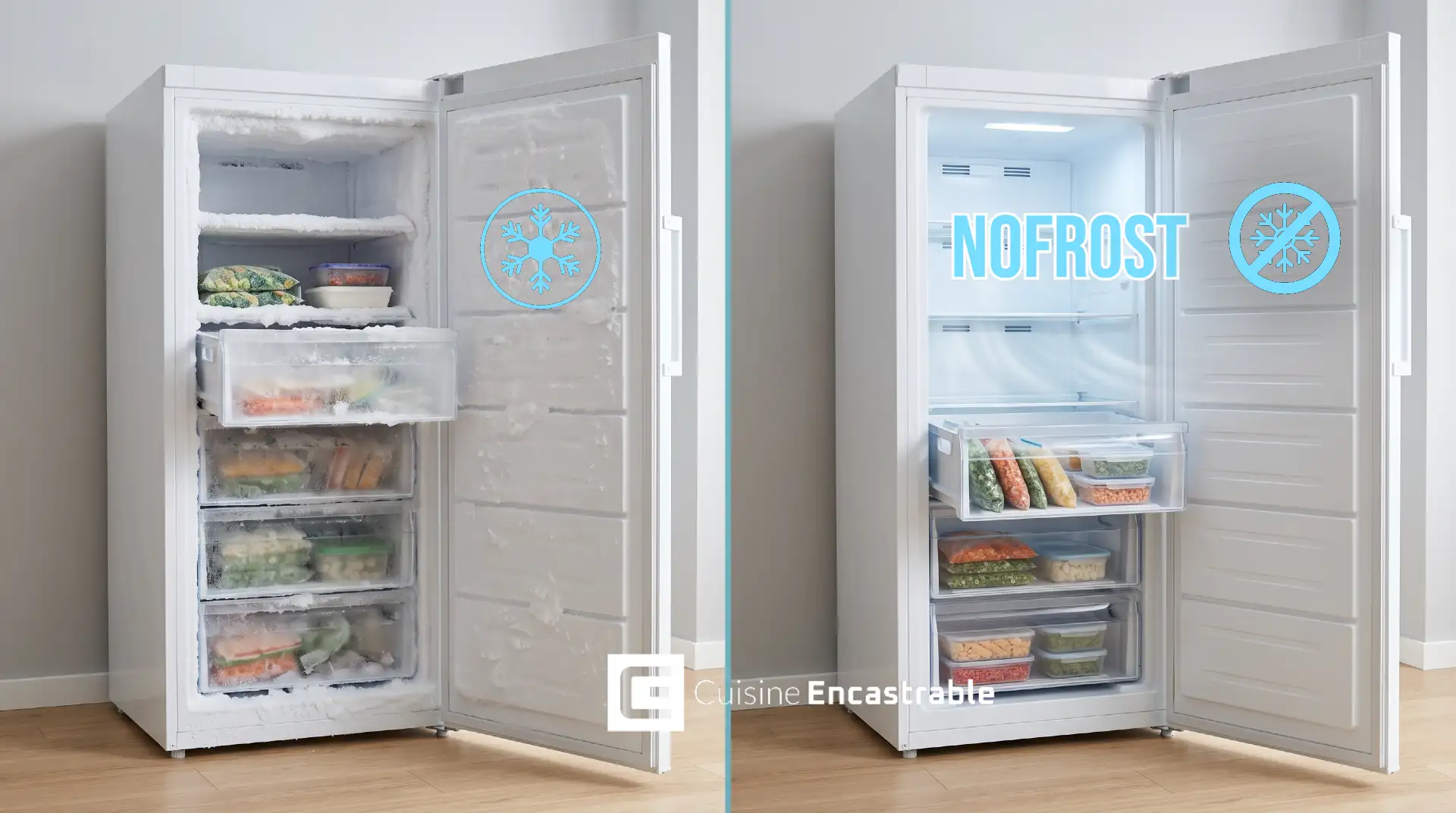 Comparaison entre un congélateur armoire à froid statique couvert de givre et un congélateur No Frost propre aux tiroirs coulissants