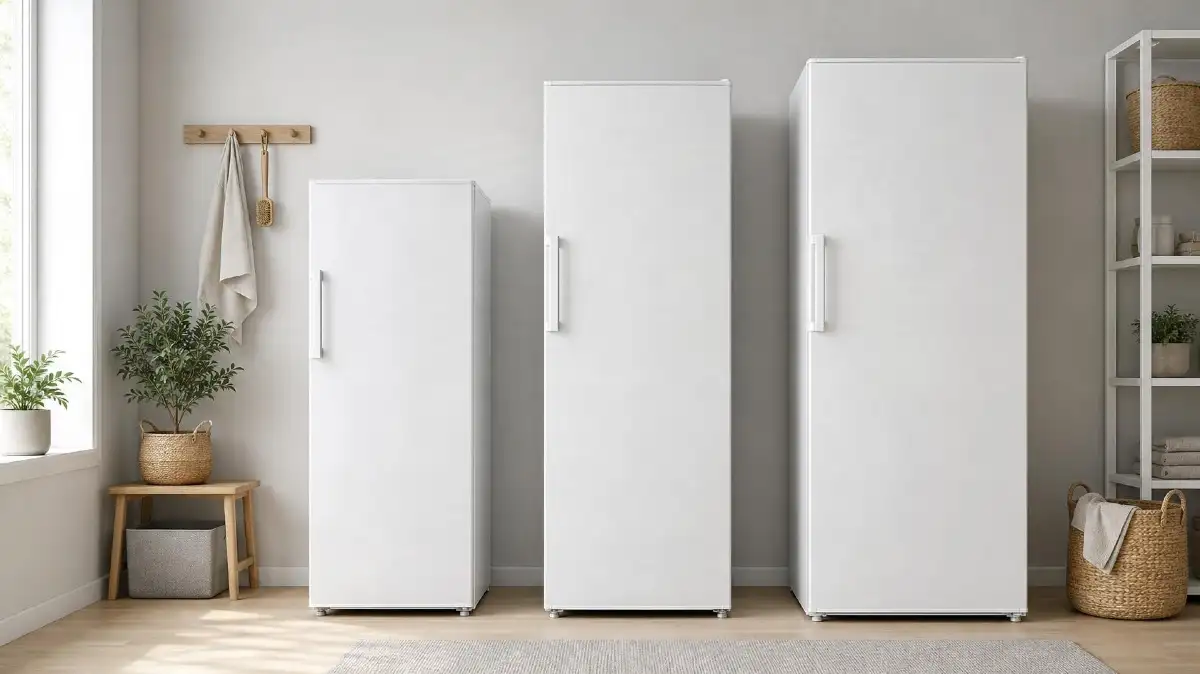 Trois congélateurs armoires de tailles différentes côte à côte, du modèle compact de 168 litres au grand modèle de 404 litres