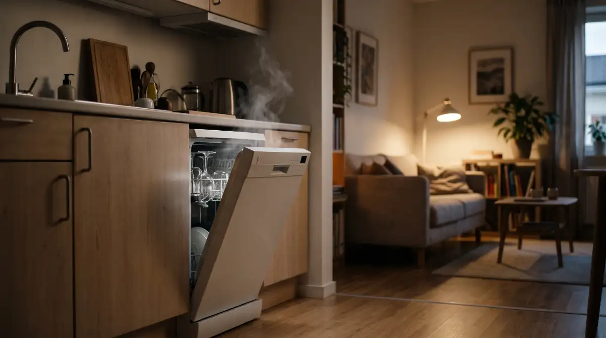 Lave-vaisselle 45 cm pose libre en fin de cycle, porte entrouverte pour le séchage, dans une petite cuisine ouverte